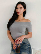 OFF SHOULDER SHORT SLEEVE SOLID COLOR T-SHIRT